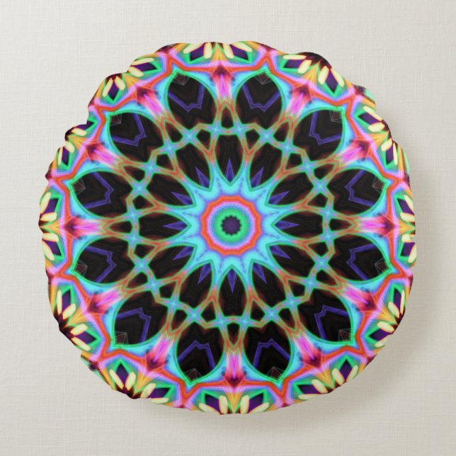 Groovy Geometric Floral Mandala Round Pillow (Front)