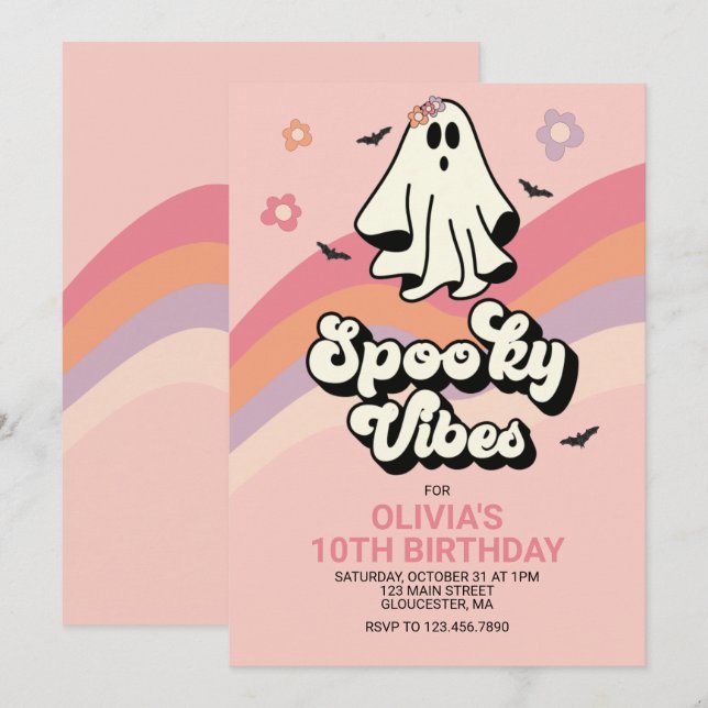 groovy Ghost retro Halloween Birthday Invitation (Front/Back)