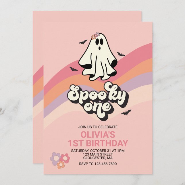 groovy Ghost retro Halloween Spooky One Birthday Invitation (Front/Back)