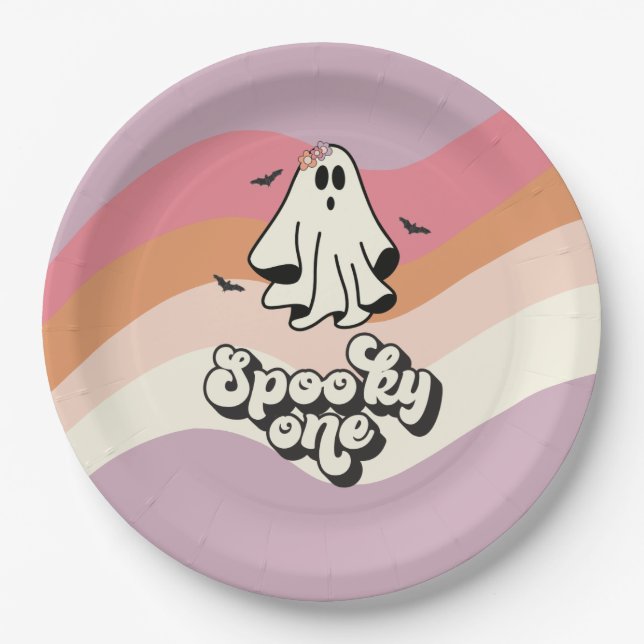 groovy Ghost retro Halloween Spooky One Birthday Paper Plate (Front)