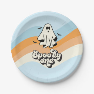 groovy Ghost retro Halloween Spooky One Blue Paper Plate