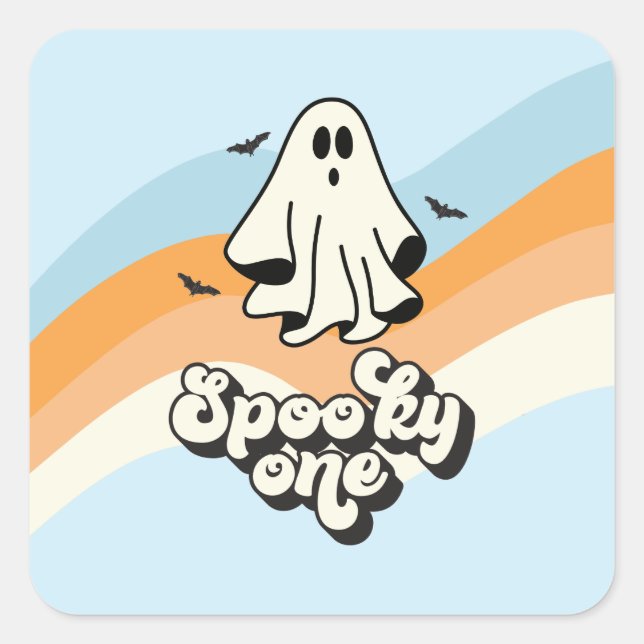 groovy Ghost retro Halloween Spooky One Blue Square Sticker (Front)