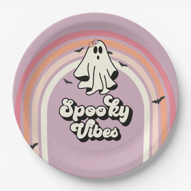 groovy Ghost retro Halloween Spooky Vibes Birthday Paper Plate (Front)