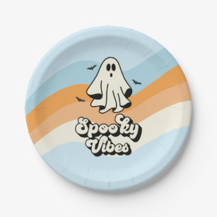 groovy Ghost retro Halloween Spooky Vibes Blue Paper Plate