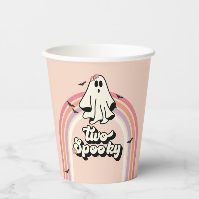 groovy Ghost retro Halloween Two Spooky Birthday Paper Cups (Front)