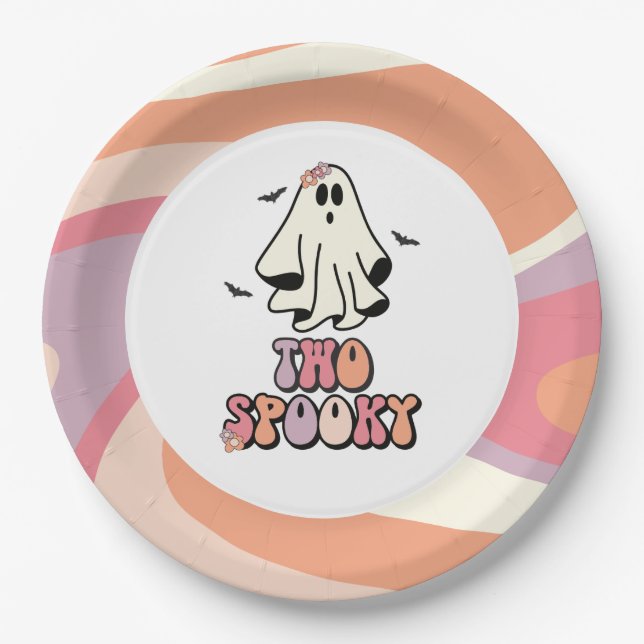 groovy Ghost retro Halloween Two Spooky Birthday Paper Plate (Front)