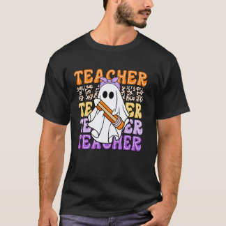 Groovy Ghost Teacher Bow Pencil Back To School Hal T-Shirt
