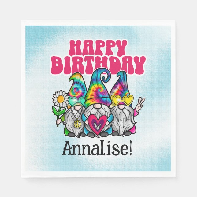 Groovy Gnomes Rainbow Tie Dye Birthday Party Napkin (Front)