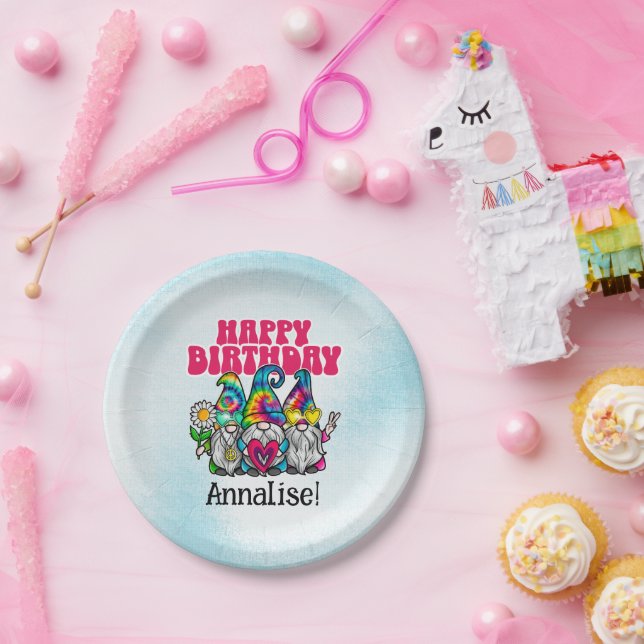 Groovy Gnomes Rainbow Tie Dye Birthday Party Paper Plate (Party)