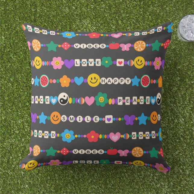 Groovy Good Vibes Love Smile Retro Beads Outdoor Pillow (Grass)
