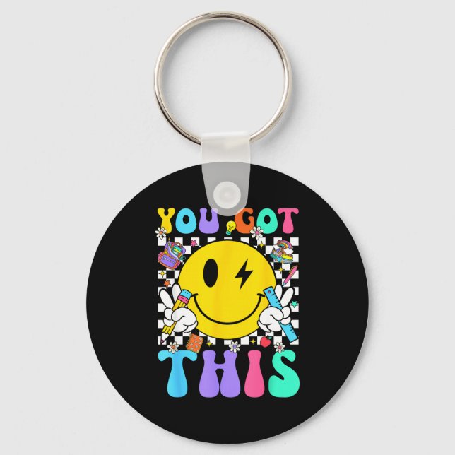 Groovy got this smile face testing day teacher keychain (Front)