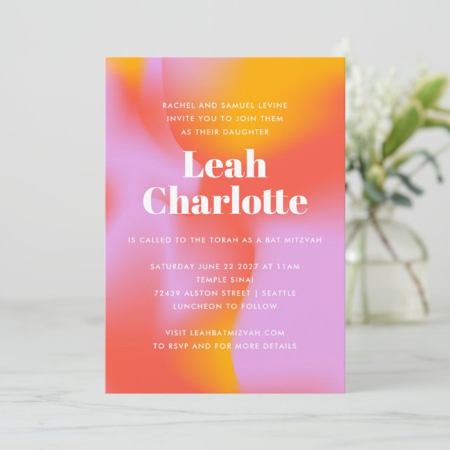 Groovy Gradient Lavender Orange Cool Bat Mitzvah Invitation (Standing Front)
