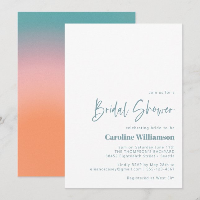 Groovy Gradient Teal Pink Orange Bridal Shower Invitation (Front/Back)