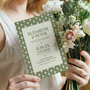 Groovy Green Retro 70s Geometric Wedding Invitation