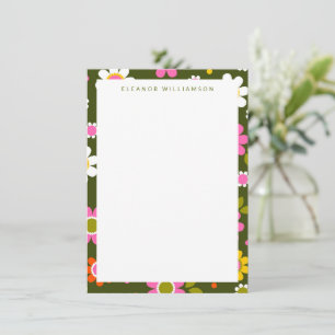 Groovy Green Retro Flowers Personalized Stationery Card