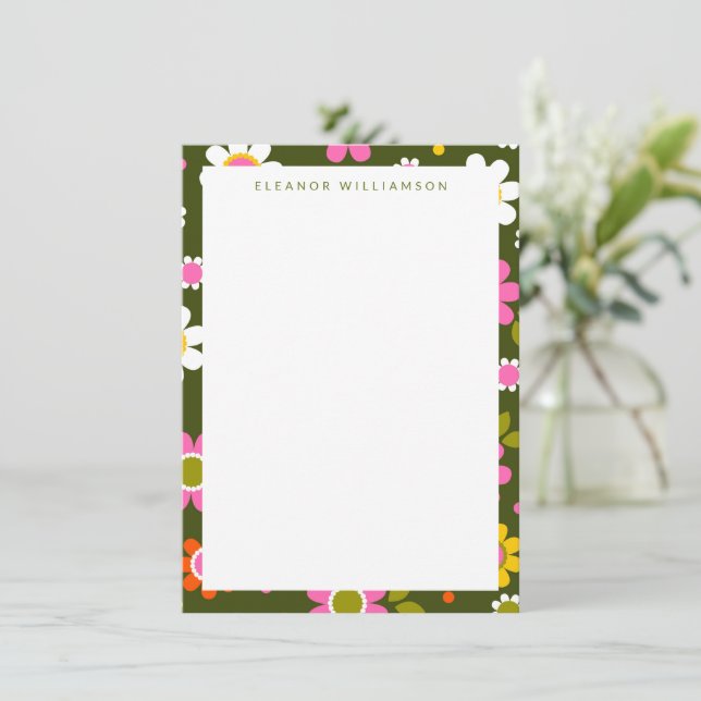 Groovy Green Retro Flowers Personalized Stationery Card (Standing Front)