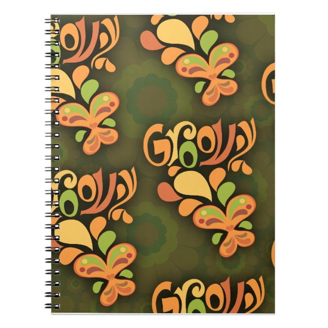 Groovy Green Sixties Butterflies Cartoon Pattern Notebook (Front)