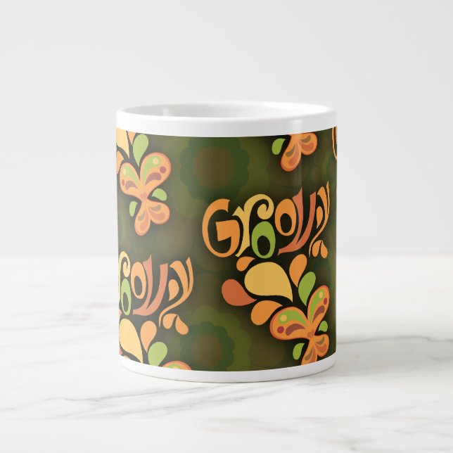 Groovy Green Sixties Butterflies Retro Pattern Large Coffee Mug (Front)