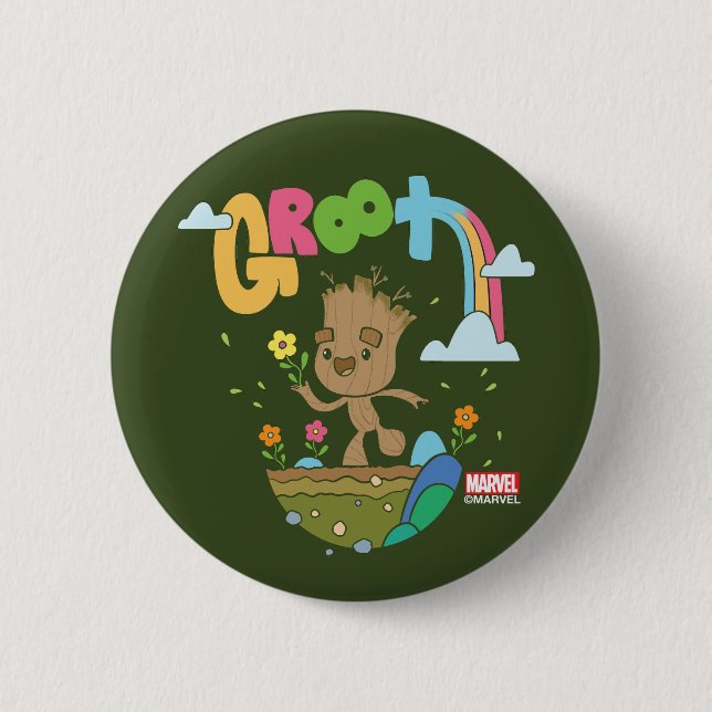 Groovy Groot Flowers and Rainbow 2 Inch Round Button (Front)