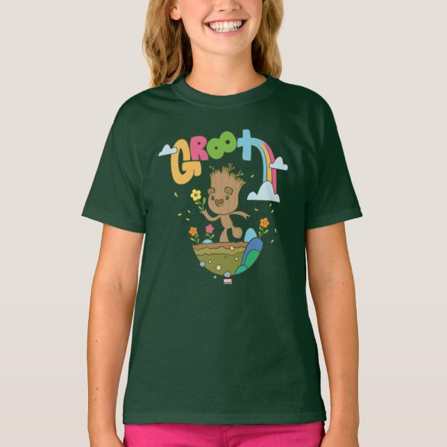 Groovy Groot Flowers and Rainbow T-Shirt (Front)