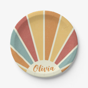 Groovy grunge retro style sunshine design paper plate