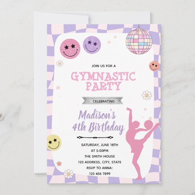 Groovy gymnastic party invitation (Front)