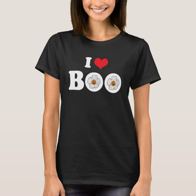 Groovy Halloween Floral Pumpkin I Love Boo Heart T-Shirt (Front)