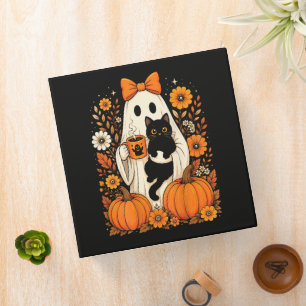 Groovy Halloween Ghost Holding Black Cat Floral Binder