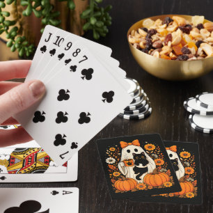 Groovy Halloween Ghost Holding Black Cat Floral Playing Cards