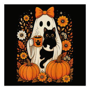 Groovy Halloween Ghost Holding Black Cat Floral Poster