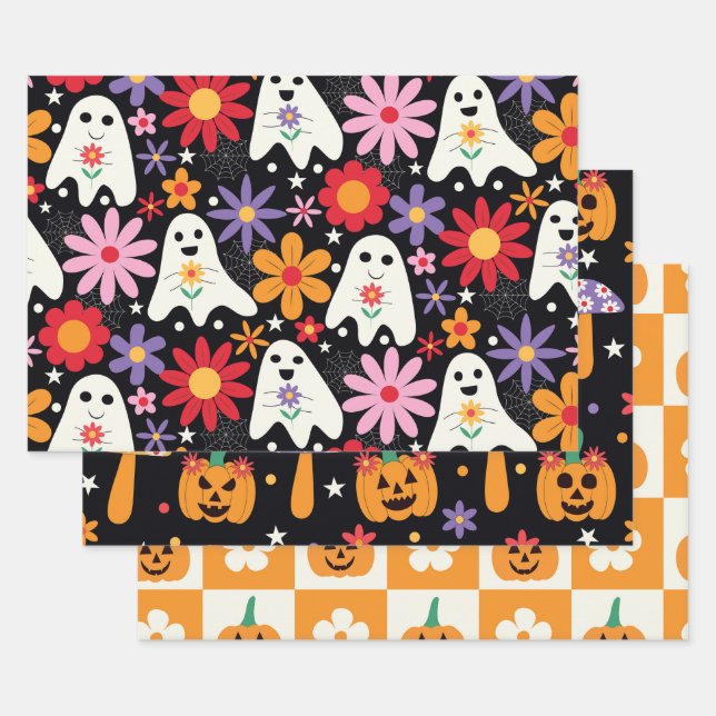 Groovy Halloween Ghosts Pumpkins and Flowers  Wrapping Paper Sheet (Set)