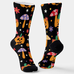 Groovy Halloween Pumpkins flowers and mushrooms  Socks
