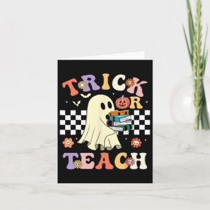 Groovy Halloween Trick Or Teach Retro Floral Ghost Card