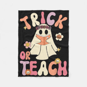 Groovy Halloween Trick Or Teach Retro Floral Ghost Fleece Blanket