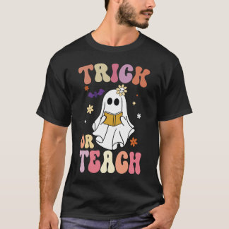 Groovy Halloween Trick or Teach Retro Floral Ghost T-Shirt