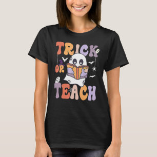 Groovy Halloween Trick or Teach Retro Floral Ghost T-Shirt