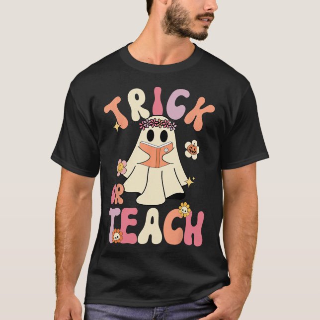Groovy Halloween Trick Or Teach Retro Floral Ghost T-Shirt (Front)