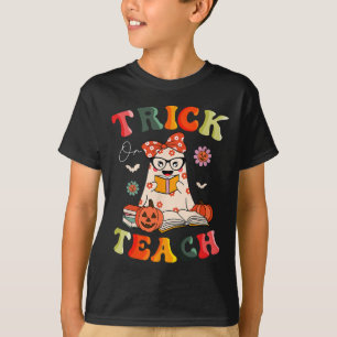 Groovy Halloween Trick or Teach Retro Floral Ghost T-Shirt