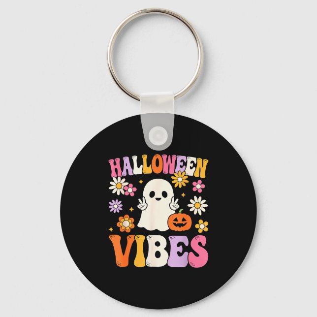 Groovy Halloween Vibes Costume Ghost Pumpkin  Keychain (Front)