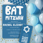 Groovy Handlettering Custom Bat Mitzvah Blue Stars Invitation<br><div class="desc">Perfect card to announce a bat mitzvah! Hand made art for you with handlettering on the front and a pattern on the back side! FULLY CUSTOMIZABLE! Click on “Personalize” above to edit the text. Click "edit using design tool" to adjust the fonts, colours and placements and to delete the back...</div>