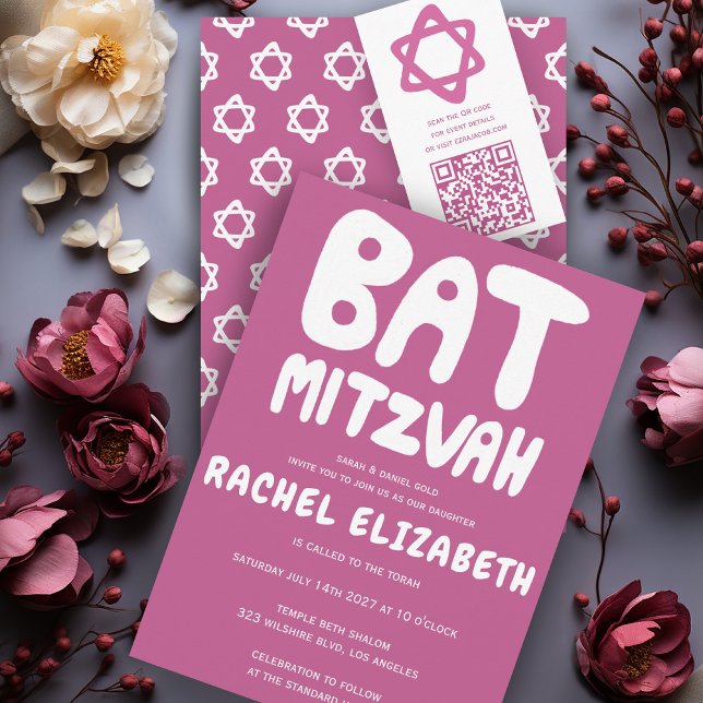 Groovy Handlettering Custom Bat Mitzvah Pink Stars Invitation (Groovy Handlettering Custom Bat Mitzvah Pink Stars Invitation
)