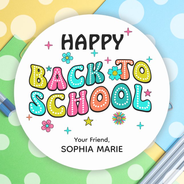 Groovy Happy Back To School  Classic Round Sticker (Groovy Happy Back To School Classic Round Sticker)