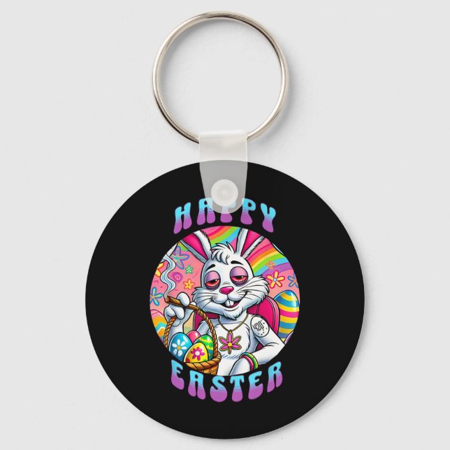 Groovy Happy Easter Bunny Smoking Weed Funny  Keychain (Front)