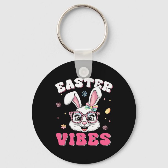 Groovy Happy Easter Cute Bunny Rabbit Face Womens  Keychain (Front)