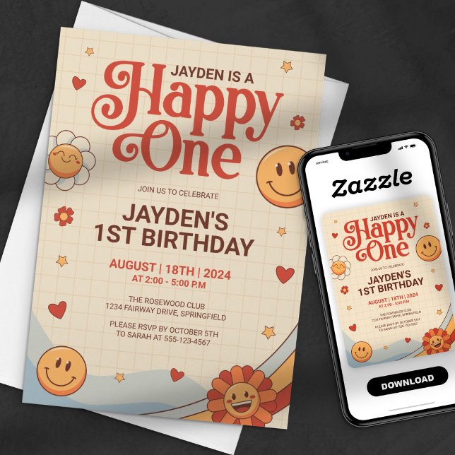 Groovy Happy One Y2k Happy Face Birthday Invitation (Creator Uploaded)