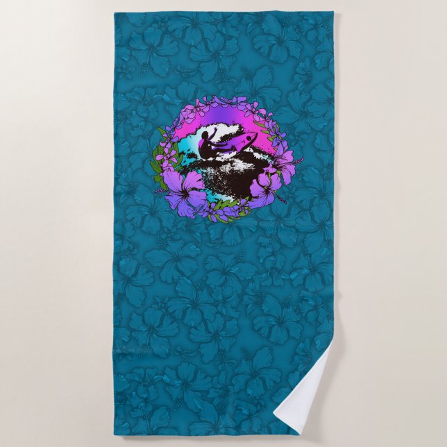 Groovy Hawaiian Surfer 1960s Retro Hibiscus -Teal Beach Towel (Front)