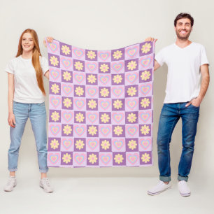 Groovy Heart Shape Chequerboard, Y2K 90s Fleece Blanket