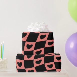 Groovy Heart Shape Chequerboard, Y2K 90s Wrappin Wrapping Paper