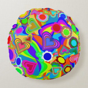 Groovy Hearts Colourful Flowers Round Pillow