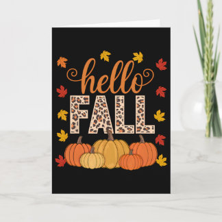 Groovy Hello Fall Autumn Maple Leaves Pumpkin Leop Card